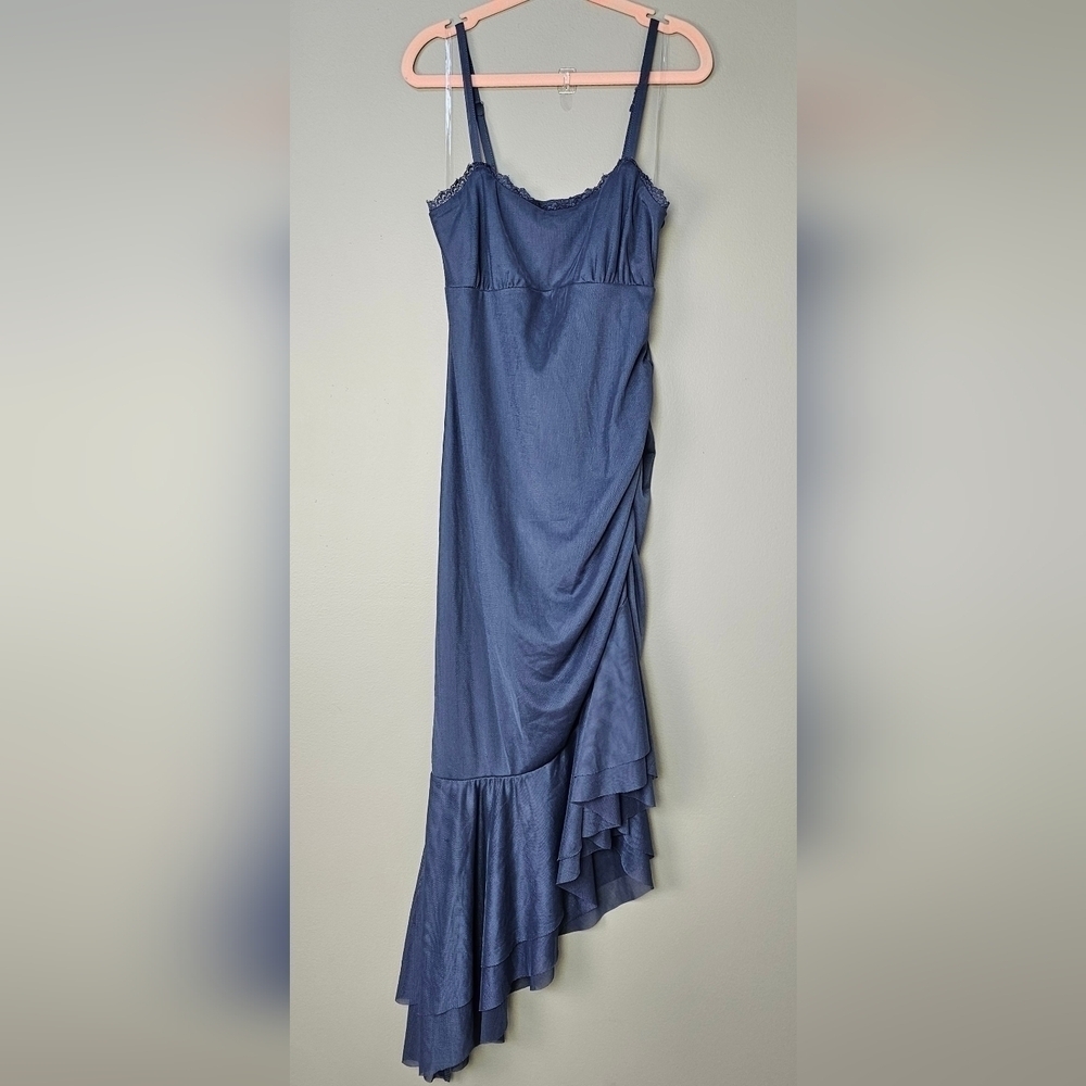 NWOT Wild Fable Women's Blue Sleveless Mesh Asymmetrical Ruffle Hem Dress, XS - Picture 4 of 10